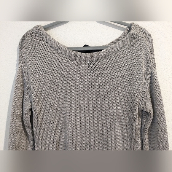 Diane Von Furstenberg Silver Metallic Shiny Open Knit Boat Neck Long Sleeve Top - Picture 6 of 13
